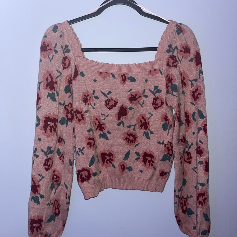 Willow Floral Square Neck Sweater - Pink and Red